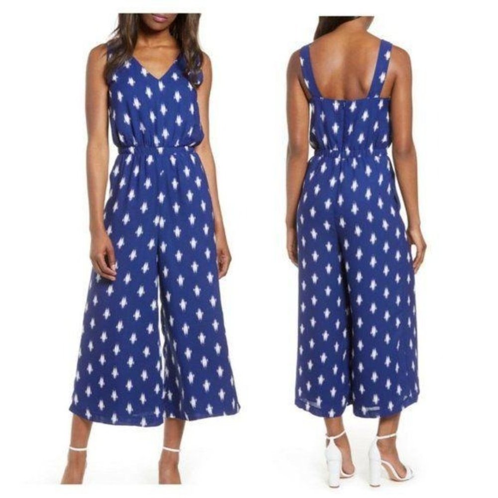 Gibson Print Side Pockets V Neck Wide Leg Jumpsuit